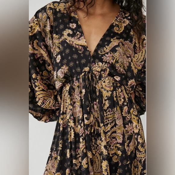 FREE PEOPLE Black and tan print ARZEL double V neckline mini dress size M - Picture 7 of 15